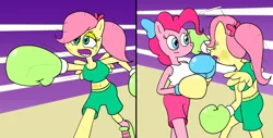 Size: 1920x976 | Tagged: safe, artist:strangefacts101, derpibooru import, fluttershy, pinkie pie, anthro, earth pony, pegasus, alternate hairstyle, boxing, boxing gloves, boxing ring, boxing shorts, clothes, dodge, fight, image, mouth guard, png, punch, shoes, sneakers, sparring, sports, tanktop, trunks, wings