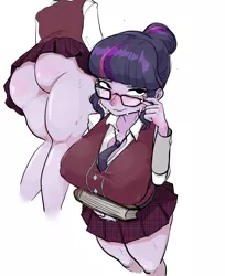 Size: 2000x2449 | Tagged: suggestive, artist:hentaicat, derpibooru import, sci-twi, twilight sparkle, equestria girls, big breasts, blushing, breasts, busty sci-twi, busty twilight sparkle, butt, clothes, erect nipples, glasses, image, looking at you, nipple outline, png, sci-twibutt, skirt, solo, sweat, thighlight sparkle, thighs, thunder thighs, twibutt, upskirt