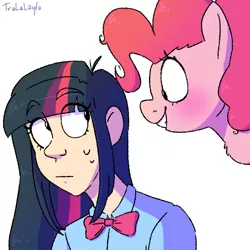 Size: 1000x1000 | Tagged: safe, artist:tralalayla, derpibooru import, pinkie pie, twilight sparkle, earth pony, human, pony, duo, eye clipping through hair, human and pony, humanized, image, looking at each other, png, simple background, smiling, white background