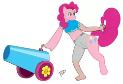 Size: 1474x1000 | Tagged: safe, artist:torlion, derpibooru import, pinkie pie, earth pony, human, pony, disappearing clothes, eye color change, female, grin, human to pony, image, jpeg, mare, mid-transformation, party cannon, signature, simple background, smiling, solo, tail, tail pull, transformation, white background