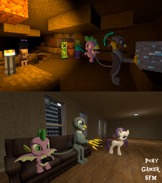Size: 1920x2160 | Tagged: safe, artist:ponygamer2020, artist:ponygamersfm, derpibooru import, gabby, rarity, spike, dragon, enderman, gryphon, pony, spider, undead, unicorn, zombie, don't mine at night, dragon dropped, 3d, backlighting, bipedal, bone, cave, comic, controller, couch, creeper, crossover, diamond, diamond pickaxe, diamond sword, female, friends, friendship, image, male, mare, mine, minecraft, overprotective, pickaxe, png, shipping, shipping denied, sitting, skeleton, source filmmaker, spabby, straight, sword, torch, video game, video game crossover, weapon, winged spike, xbox one, xbox one controller