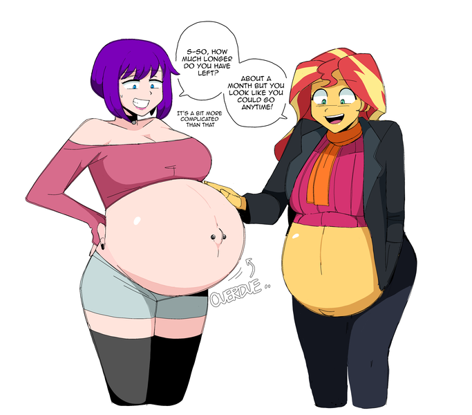 Size: 4024x3536 | Tagged: suggestive, artist:jake--jaccobus, derpibooru import, sunset shimmer, oc, oc:becca, comic:inner thoughts, equestria girls, admiration, belly, belly button, bellyring, bellyrubs, big belly, big breasts, breasts, clothes, duo, duo female, female, hands in pockets, high res, huge belly, image, jacket, leggings, nipple piercing, nipples, nudity, onomatopoeia, pants, piercing, png, pregnant, rubbing, scarf, shorts, sweater, wardrobe malfunction