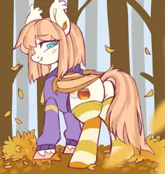 Size: 1624x1712 | Tagged: safe, artist:cheekipone, derpibooru import, oc, oc:honey milk, unofficial characters only, bat pony, pony, autumn, butt, clothes, hoodie, image, jpeg, leaves, looking at you, looking back, plot, smiling, socks, solo, striped socks, thigh highs