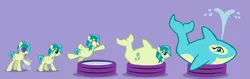 Size: 2500x790 | Tagged: safe, artist:magerblutooth, derpibooru import, sandbar, earth pony, orca, pony, bottle, colt, commission, eyes closed, female, filly, image, inflatable pool, jumping, male, male to female, open mouth, open smile, png, potion, purple background, rule 63, sandbank, show accurate, simple background, smiling, solo, story included, swirly eyes, tongue out, transformation, transformation sequence, transgender transformation, vector, water jet, weight gain