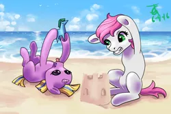 Size: 3000x2000 | Tagged: safe, artist:joan-grace, derpibooru import, twilight sparkle, oc, unofficial characters only, earth pony, pony, unicorn, beach, duo, earth pony oc, female, filly, image, lying down, magical lesbian spawn, offspring, on back, outdoors, parent:apple bloom, parent:diamond tiara, parent:flash sentry, parent:twilight sparkle, parents:diamondbloom, parents:flashlight, png, signature, underhoof, unicorn twilight