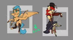 Size: 2622x1429 | Tagged: safe, artist:joan-grace, derpibooru import, oc, pegasus, pony, abstract background, clothes, dress, duo, female, fishnets, hat, image, mare, musical instrument, pegasus oc, png, sitting, steampunk, top hat, violin, wings