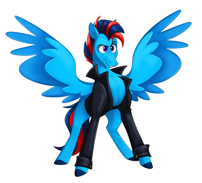 Size: 3338x3020 | Tagged: safe, artist:luximus17, derpibooru import, oc, oc:andrew swiftwing, unofficial characters only, pegasus, pony, alternate hairstyle, clothes, image, jacket, leather jacket, male, png, spread wings, stallion, wings