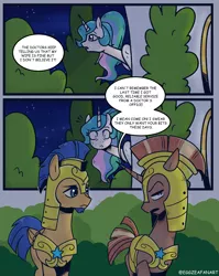 Size: 1272x1600 | Tagged: safe, artist:eggzeafanart, derpibooru import, flash sentry, princess celestia, alicorn, pegasus, pony, unicorn, armor, comic, dialogue, image, png, royal guard, surprised, unamused, wide eyes