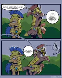 Size: 1272x1600 | Tagged: safe, artist:eggzeafanart, derpibooru import, flash sentry, pegasus, unicorn, armor, comic, dialogue, image, png, royal guard, sweat, tongue out, wavy mouth