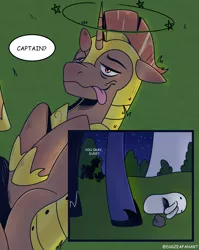 Size: 1272x1600 | Tagged: safe, artist:eggzeafanart, derpibooru import, princess luna, alicorn, unicorn, armor, clothes, comic, dialogue, image, lidded eyes, png, royal guard, slippers, tongue out, wavy mouth