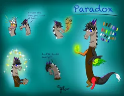Size: 2217x1723 | Tagged: safe, artist:diamond06mlp, derpibooru import, discord, oc, oc:paradox, unofficial characters only, draconequus, blushing, bust, draconequus oc, fire, fire breath, glowing hands, image, male, png, reference sheet, signature