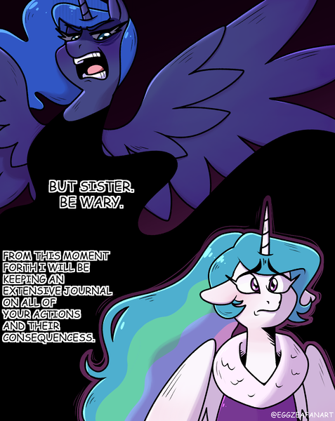 Size: 1272x1600 | Tagged: safe, artist:eggzeafanart, derpibooru import, princess celestia, princess luna, alicorn, pony, comic, dialogue, floppy ears, image, png, spread wings, wings