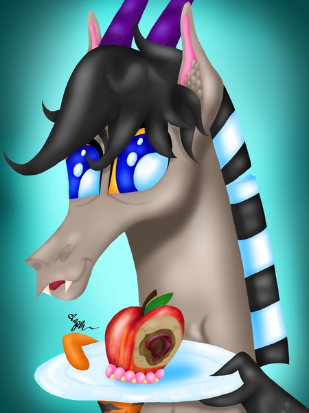 Size: 1536x2048 | Tagged: safe, artist:diamond06mlp, derpibooru import, oc, oc:paradox, unofficial characters only, draconequus, apple, bust, draconequus oc, food, gradient background, image, jpeg, male, signature, solo