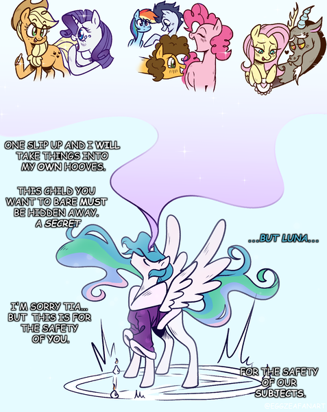 Size: 1272x1600 | Tagged: safe, artist:eggzeafanart, derpibooru import, applejack, cheese sandwich, discord, fluttershy, pinkie pie, princess celestia, rainbow dash, rarity, soarin', alicorn, draconequus, earth pony, pegasus, pony, unicorn, blushing, dialogue, discoshy, eyes closed, female, happy, heart, image, lesbian, lidded eyes, magic, male, png, pregnancy test, pregnant, rarijack, shipping, soarindash, straight, straight. magic circle