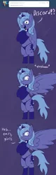Size: 750x2355 | Tagged: suggestive, artist:skoon, derpibooru import, discord, princess luna, alicorn, naughty luna, clothes, collar, cutie mark, female, grin, image, male, nervous, nervous grin, panties, png, purple background, simple background, smiling, spread wings, thighs, thong, underwear, wingboner, wings