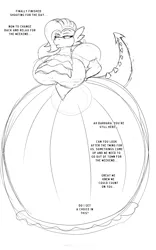 Size: 1250x2000 | Tagged: suggestive, artist:runningtoaster, derpibooru import, spike, oc, oc:barbara greenscale, anthro, dragon, monster pony, animated actors, barb, barbara greenscale, behind the scenes, big breasts, breasts, busty barb, clothes, dialogue, dragoness, dress, female, gown, hand on hip, huge breasts, image, implied transformation, implied transgender transformation, lineart, lizard breasts, nanny, offscreen character, older barb, png, poofy shoulders, requested art, rule 63, simple background, solo, solo female, speech bubble, unamused, victorian, white background