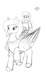 Size: 1250x2000 | Tagged: safe, artist:runningtoaster, derpibooru import, oc, oc:eranor, unofficial characters only, humalos, original species, pegasus, pony, female, image, lineart, mare, monochrome, pegasus oc, png, raised hoof, simple background, talking, white background, wings