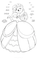 Size: 1250x2000 | Tagged: safe, artist:runningtoaster, derpibooru import, rarity, anthro, unicorn, clothes, dress, female, horn, image, lineart, png, solo, talking