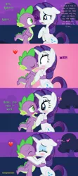 Size: 2048x4604 | Tagged: safe, artist:georgegarza01, derpibooru import, rarity, spike, dragon, pony, unicorn, blushing, comic, confession, emoji, female, floppy ears, heart, hooves on cheeks, image, jpeg, kissing, looking at each other, love, male, night, pink background, romantic, sad, shipping, shocked, show accurate, simple background, smiling, sparity, straight, surprise kiss, text