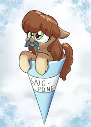 Size: 1000x1400 | Tagged: safe, artist:rocket-lawnchair, derpibooru import, oc, oc:evergreen, fish, pony, taiga pony, abstract background, female, floppy ears, image, mouth hold, png, snowcone