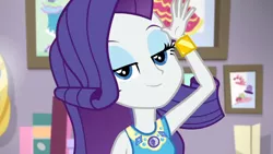 Size: 3410x1920 | Tagged: safe, derpibooru import, screencap, rarity, do it for the ponygram!, equestria girls, equestria girls series, spoiler:eqg series (season 2), bracelet, female, geode of shielding, image, jewelry, jpeg, looking at you, magical geodes, rarity peplum dress, smiling, smiling at you, solo