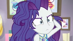 Size: 3410x1920 | Tagged: safe, derpibooru import, screencap, rarity, do it for the ponygram!, equestria girls, equestria girls series, spoiler:eqg series (season 2), female, geode of shielding, image, jpeg, magical geodes, messy hair, rarity peplum dress, solo