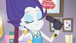 Size: 3410x1920 | Tagged: safe, derpibooru import, screencap, rarity, do it for the ponygram!, equestria girls, equestria girls series, spoiler:eqg series (season 2), bracelet, eyes closed, female, geode of shielding, hair dryer, image, jewelry, jpeg, magical geodes, rarity peplum dress, smiling, solo