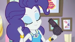 Size: 3410x1920 | Tagged: safe, derpibooru import, screencap, rarity, do it for the ponygram!, equestria girls, equestria girls series, spoiler:eqg series (season 2), bracelet, eyes closed, female, geode of shielding, hair dryer, image, jewelry, jpeg, magical geodes, rarity peplum dress, smiling, solo