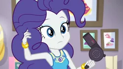 Size: 3410x1920 | Tagged: safe, derpibooru import, screencap, rarity, do it for the ponygram!, equestria girls, equestria girls series, spoiler:eqg series (season 2), bracelet, cute, female, geode of shielding, hair dryer, high res, image, jewelry, jpeg, magical geodes, raribetes, rarity peplum dress, solo