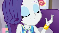 Size: 3410x1920 | Tagged: safe, derpibooru import, screencap, rarity, do it for the ponygram!, equestria girls, equestria girls series, spoiler:eqg series (season 2), bracelet, eyes closed, female, geode of shielding, image, jewelry, jpeg, magical geodes, rarity peplum dress, smiling, solo