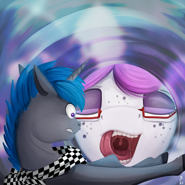 Size: 2000x2000 | Tagged: suggestive, artist:stray prey, derpibooru import, oc, oc:inkwell, oc:lucent, anthro, pony, unicorn, anthro on pony action, bandana, glasses, image, imminent vore, interspecies, jar, male, mawshot, open mouth, png, size difference, this will end in vore, vore