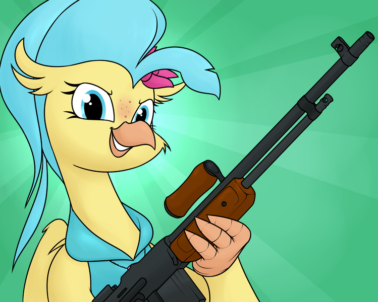 Size: 1601x1283 | Tagged: safe, artist:moonatik, derpibooru import, princess skystar, hippogriff, equestria at war mod, my little pony: the movie, abstract background, bar m1918, browning automatic rifle, claws, clothes, female, flower, flower in hair, freckles, grin, gun, image, looking at you, png, smiling, solo, weapon