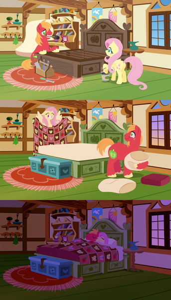 Size: 2880x5040 | Tagged: safe, anonymous artist, derpibooru import, big macintosh, fluttershy, earth pony, pegasus, pony, series:fm holidays, bed, bed sheets, bedroom, big grin, butt, comic, cute, eyes closed, female, fluttermac, fluttershy's cottage, flying, grin, hammer, image, labor day, lineless, looking at each other, lying down, male, mare, mattress, mouth hold, night, no pupils, paint bucket, pillow, plot, png, quilt, saw, screwdriver, sheet, shipping, shyabetes, sleepy, smiling, smiling at each other, spread wings, stallion, straight, sunset, toolbox, toothy grin, underhoof, wings
