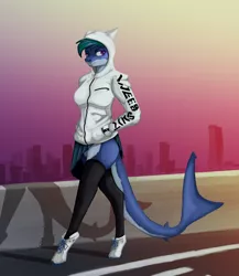 Size: 2600x3000 | Tagged: safe, artist:stray prey, derpibooru import, oc, oc:mako, anthro, original species, pony, shark, shark pony, clothes, female, hoodie, hoof boots, image, looking at you, mare, png, shark tail, walking