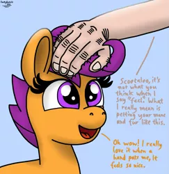 Size: 1609x1653 | Tagged: safe, artist:darkyboode32, derpibooru import, scootaloo, human, pegasus, pony, bust, cute, cutealoo, duo, female, filly, hand, happy, head pat, image, offscreen character, offscreen human, open mouth, pat, patting, petting, png, reassurance, simple background, talking, text