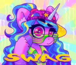 Size: 2048x1762 | Tagged: safe, artist:p0nyplanet, derpibooru import, izzy moonbow, pony, unicorn, my little pony: a new generation, abstract background, female, g5, image, jpeg, mare, shutter shades, solo, swag, text