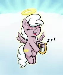 Size: 1944x2292 | Tagged: safe, artist:heretichesh, derpibooru import, oc, unofficial characters only, angel pony, original species, pegasus, pony, angel, cloud, eyes closed, female, filly, flying, halo, harp, image, jpeg, music notes, musical instrument, open mouth, singing, solo