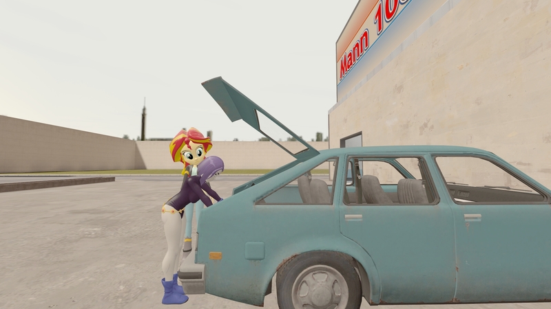 Size: 1920x1080 | Tagged: safe, artist:thatradhedgehog, derpibooru import, sunset shimmer, equestria girls, 3d, chevrolet chevette, image, jpeg, raven (teen titans), shimrav, source filmmaker, teen titans