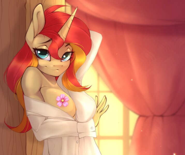 Size: 1531x1285 | Tagged: questionable, alternate version, artist:u_lu_lu, derpibooru import, anthro, unicorn, clothes, curtain, female, image, jpeg, lidded eyes, looking at you, pasties, shirt, smiling, solo, solo female, window