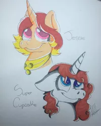 Size: 1639x2048 | Tagged: safe, artist:millefaller, derpibooru import, oc, unofficial characters only, pony, unicorn, bust, duo, female, horn, image, jpeg, mare, signature, smiling, traditional art, unicorn oc