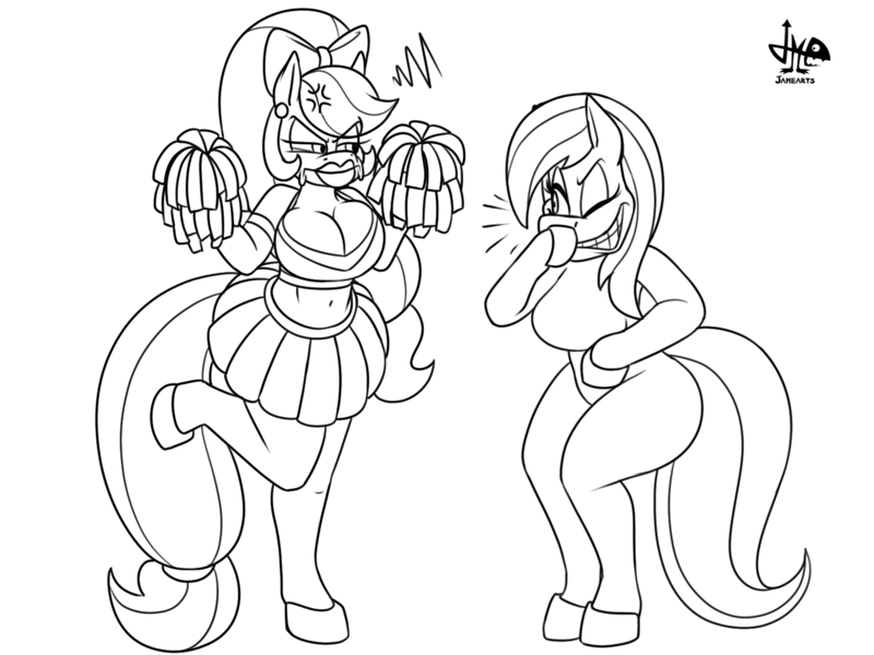 Size: 1600x1200 | Tagged: safe, artist:jamearts, derpibooru import, applejack, rainbow dash, anthro, earth pony, pegasus, unguligrade anthro, bimbo, cheerleader, clothes, cross-popping veins, duo, female, image, laughing, lineart, lipstick, monochrome, one eye closed, png, pom pom, signature, skirt, smiling, smirk, tomboy taming, unamused, wingless, wingless anthro, wink