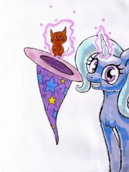 Size: 900x1203 | Tagged: safe, artist:oddwarg, derpibooru import, trixie, cat, pony, unicorn, clothes, grin, hat, image, jpeg, levitation, looking at you, magic, smiling, telekinesis, traditional art, trixie's hat