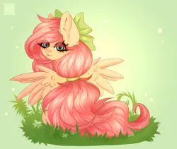 Size: 3078x2592 | Tagged: safe, artist:elektra-gertly, derpibooru import, fluttershy, pegasus, pony, alternate hairstyle, bow, cute, ear fluff, eye clipping through hair, eyebrows, eyebrows visible through hair, female, grass, hair, hair bow, image, looking at you, looking back, looking back at you, mare, png, shyabetes, signature, solo, spread wings, teal eyes, wings