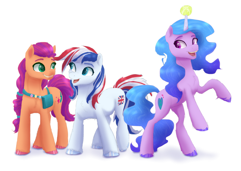 Size: 1280x905 | Tagged: safe, artist:shaslan, derpibooru import, izzy moonbow, sunny starscout, oc, oc:britannia (uk ponycon), earth pony, pony, unicorn, g5, image, png