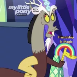 Size: 689x689 | Tagged: safe, derpibooru import, edit, edited screencap, editor:zcord, screencap, discord, draconequus, friendship is magic, the beginning of the end, all new, hand on hip, image, instagram, jpeg, looking up, male, my little pony logo, rainbow, signature, text, thick eyebrows, twilight's castle