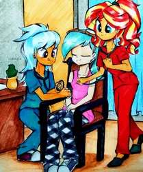 Size: 817x978 | Tagged: safe, artist:liaaqila, derpibooru import, frosty orange, sunset shimmer, oc, oc:rym, equestria girls, blood pressure, checkup, clothes, image, jpeg, nurse, pajamas, scrubs, stethoscope