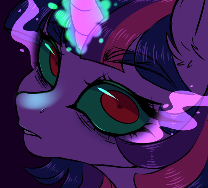 Size: 2000x1810 | Tagged: safe, artist:gunya, derpibooru import, king sombra, twilight sparkle, twilight sparkle (alicorn), alicorn, pony, unicorn, bust, dark magic, ear fluff, eyebrows, eyebrows visible through hair, female, glowing horn, horn, image, jpeg, magic, mare, portrait, purple eyes, simple background, sketch, solo