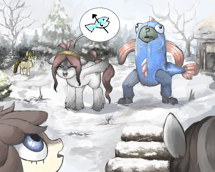 Size: 2500x2000 | Tagged: safe, artist:colochenni, derpibooru import, oc, oc:anon, earth pony, fish, pony, taiga pony, animal costume, bush, cabin, clothes, costume, drawthread, fish costume, handkerchief, image, log, pine tree, png, snow, spear, tree, weapon, wood