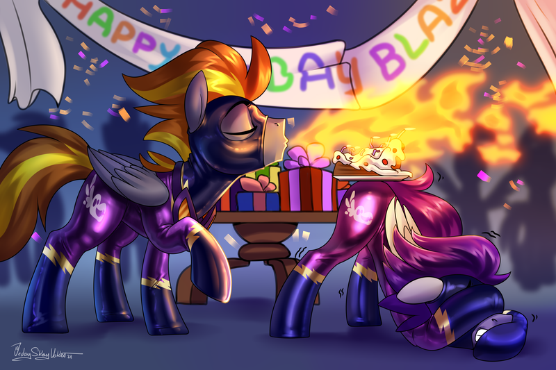 Size: 3000x2000 | Tagged: safe, artist:jedayskayvoker, derpibooru import, oc, oc:blaze (shadowbolt), oc:crimson rain, pegasus, pony, birthday, birthday cake, cake, candle, clothes, costume, covering eyes, cowering, face down ass up, fire, food, image, latex, latex suit, male, png, present, rule 63, shadowbolts, shadowbolts costume, shivering, stallion