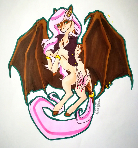 Size: 1920x2051 | Tagged: safe, artist:oneiria-fylakas, derpibooru import, fluttershy, bat pony, pony, alternate design, bat ponified, flutterbat, image, jpeg, race swap, solo, traditional art